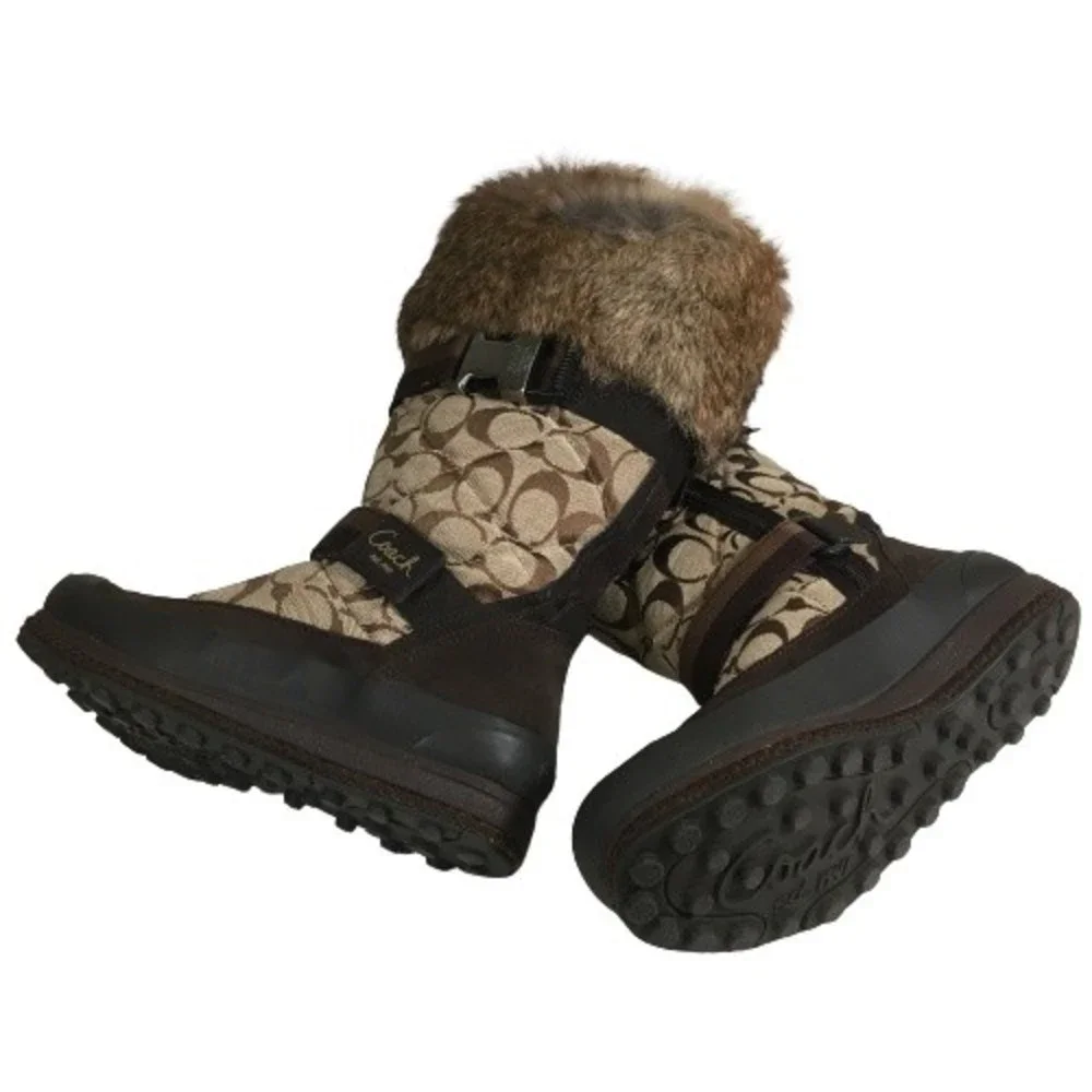 Coach Mariette Winter Snow Boot Sz 6M A7185 Signature Canvas Suede Fur Trim